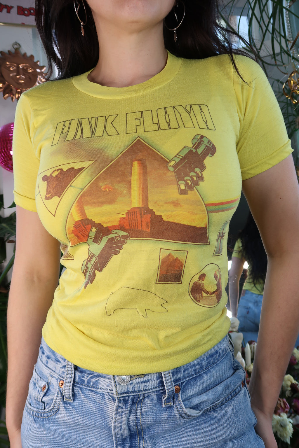 Women's Vintage Pink Floyd Animals graphic tee by Elektra Vintage featuring 1970s rock band artwork and pink color.
