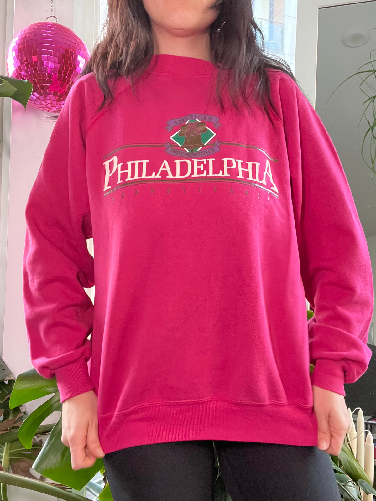 Vintage Philadelphia Pennsylvania graphic crewneck sweater by Elektra Vintage, featuring a retro city design on soft fabric.