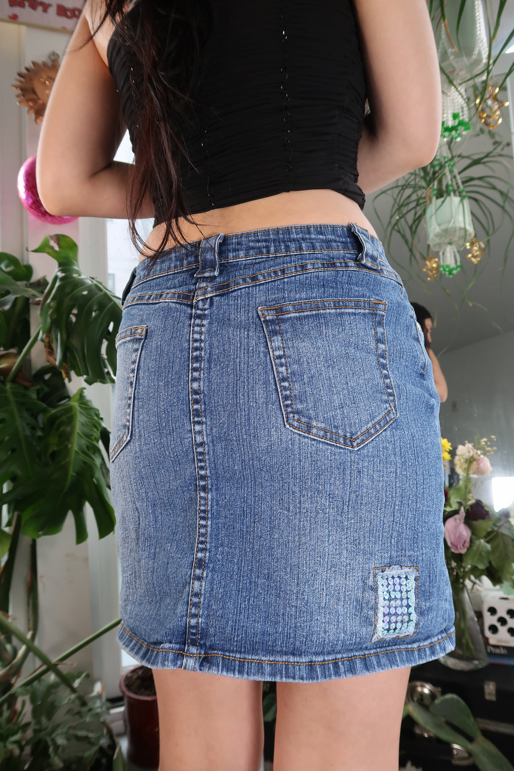 Vintage Sequin Patches Denim Skirt - Elektra Vintage