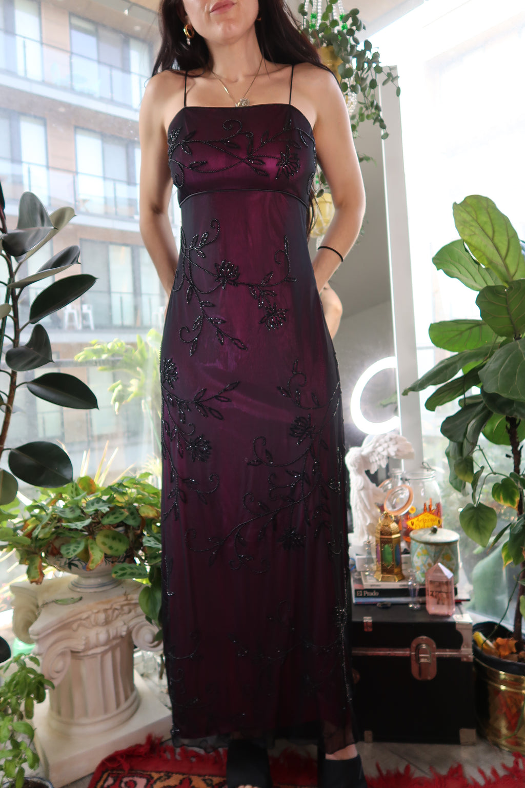 Vintage 90s Whimsy Goth Beaded Maxi Gown – Black Mesh With Magenta Satin Underlay