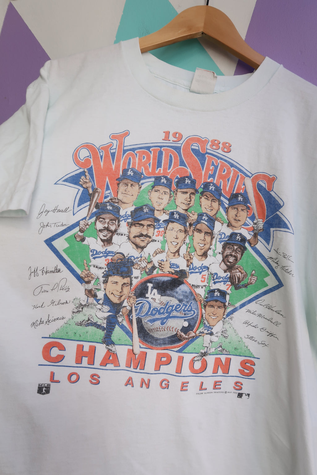 Vintage 1988 LA Dodgers World Series Champions men's tee by Elektra Vintage, single stitch cotton top with classic team graphic.