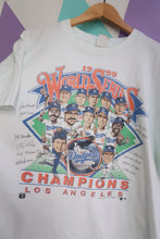 Load image into Gallery viewer, Vintage 1988 LA Dodgers World Series Champions men's tee by Elektra Vintage, single stitch cotton top with classic team graphic.
