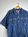 Vintage 2000s denim button-up shirt for women by Elektra Vintage, featuring classic blue denim fabric and button details.