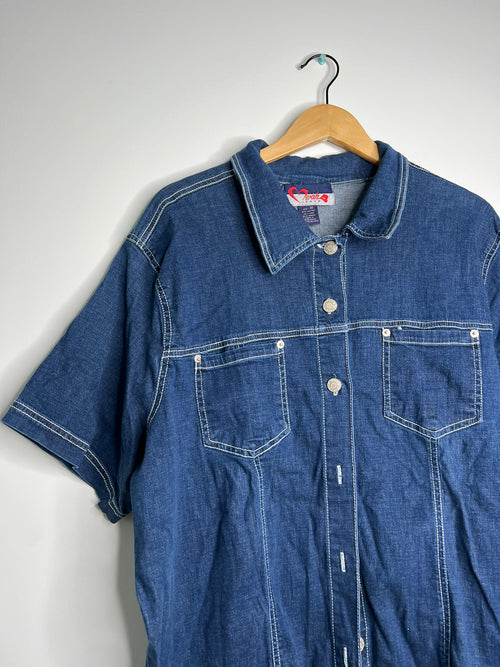 Vintage 2000s denim button-up shirt for women by Elektra Vintage, featuring classic blue denim fabric and button details.