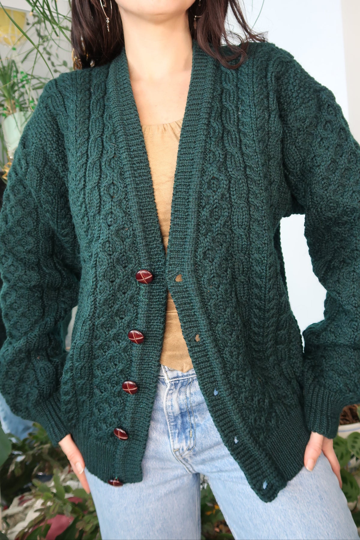Vintage LL Bean Green Wool Fisherman Cardigan Sweater
