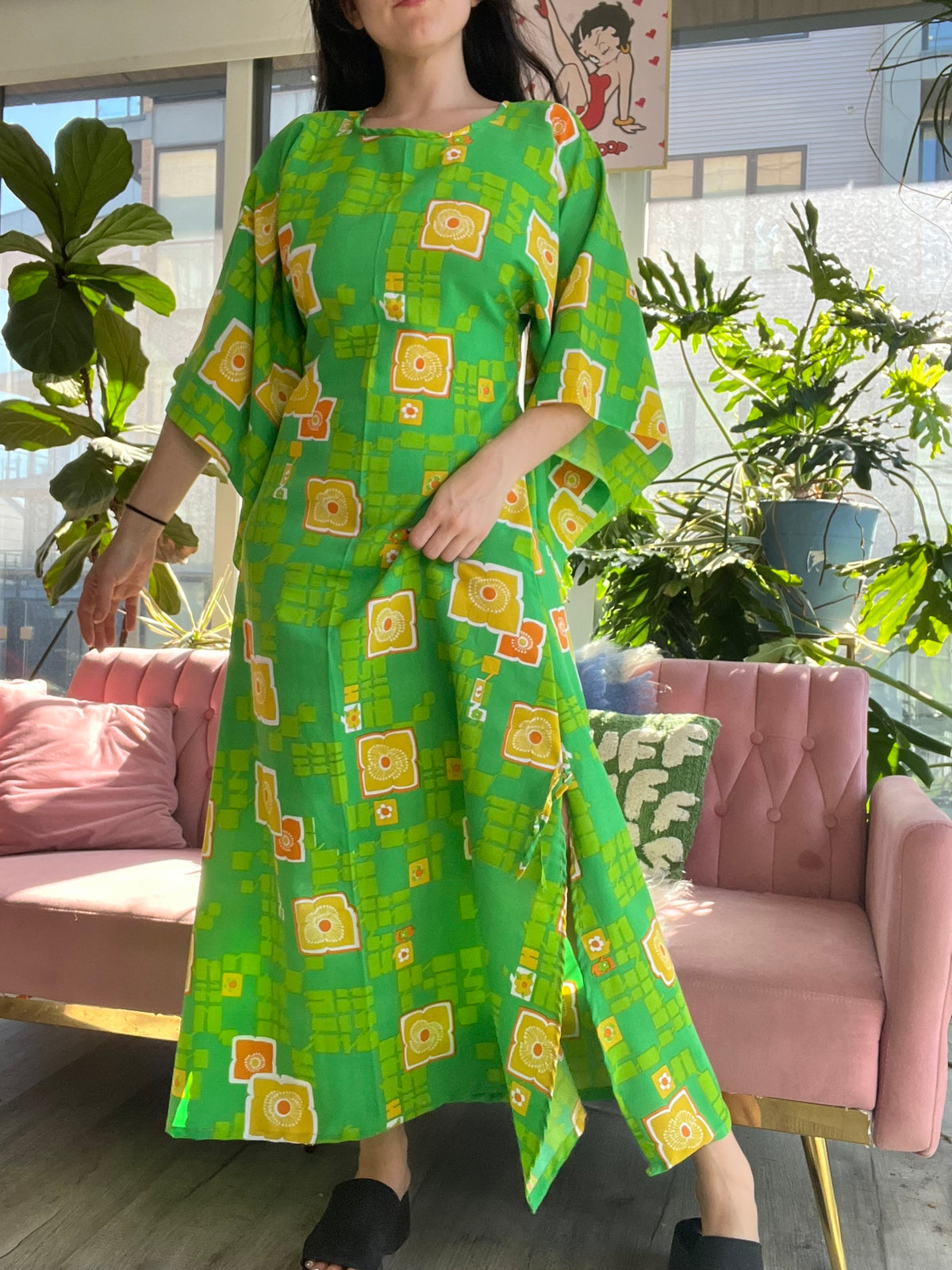 60s 70s Vintage Green Geometric Pattern Maxi Dress - Elektra Vintage