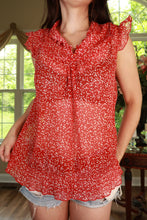 Load image into Gallery viewer, Vintage Y2K red polka dot sleeveless blouse by Elektra Vintage featuring ruffle accents, perfect for retro-inspired women's fashion.
