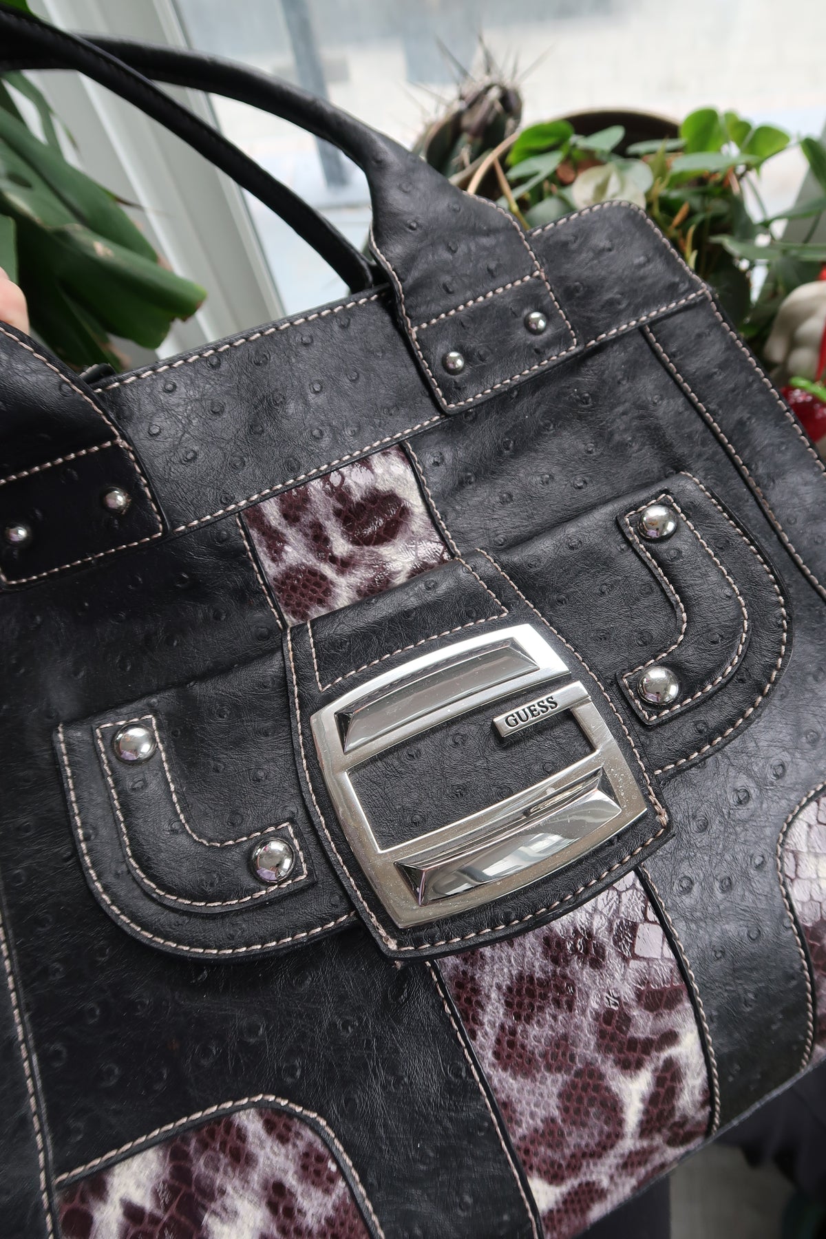 Vintage 2000s Guess snakeskin tote bag by Elektra Vintage, featuring a textured snakeskin pattern and spacious design.