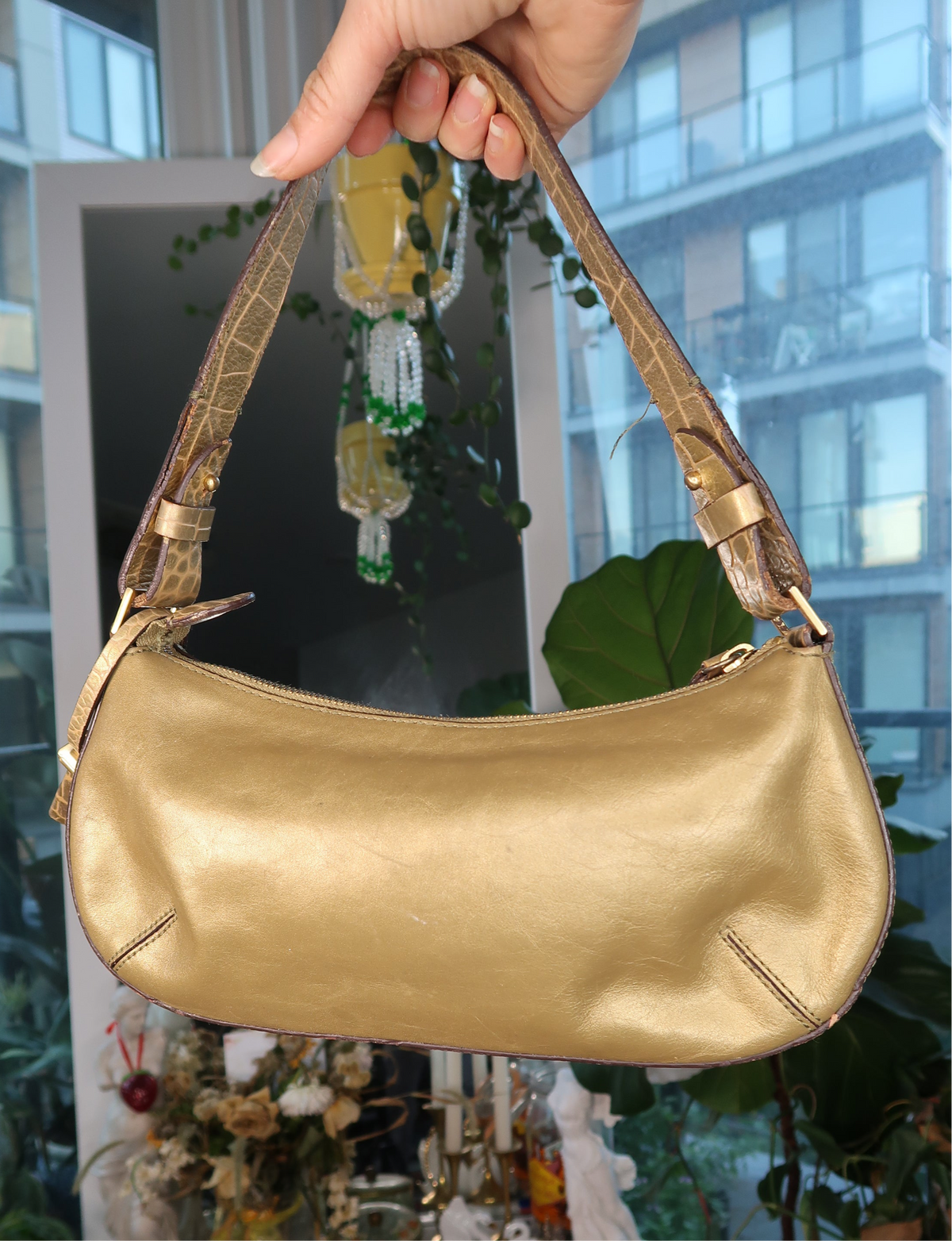 Vintage 2000s Metallic Gold Shoulder Bag with Croc Embossed Strap