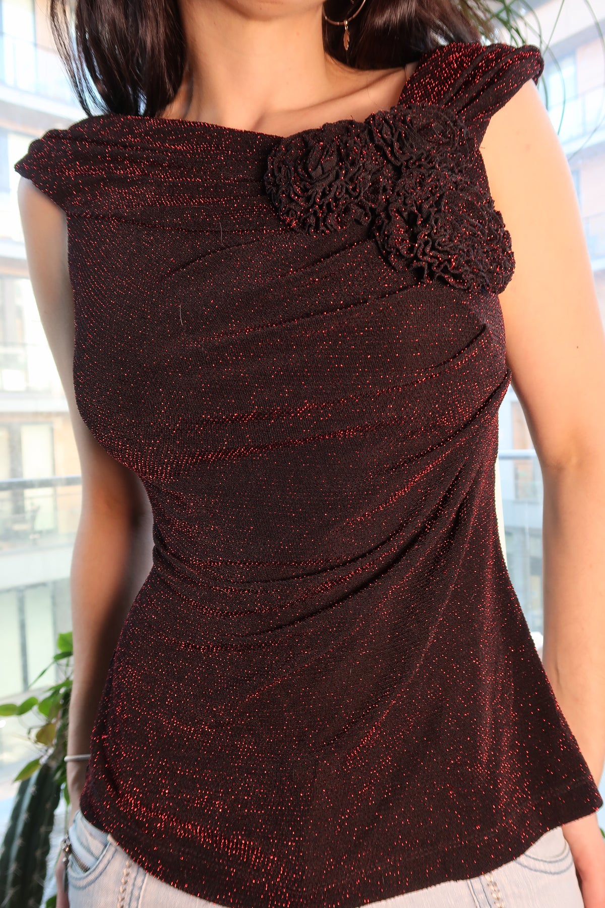 Vintage 2000s Black Red Metallic Top