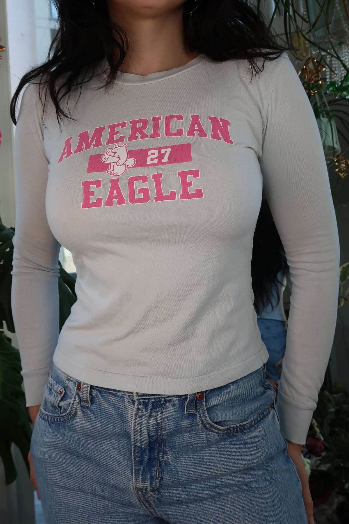 Light blue women's long sleeve top by Elektra Vintage, vintage 2000s American Eagle fashion, casual and stylish fit.