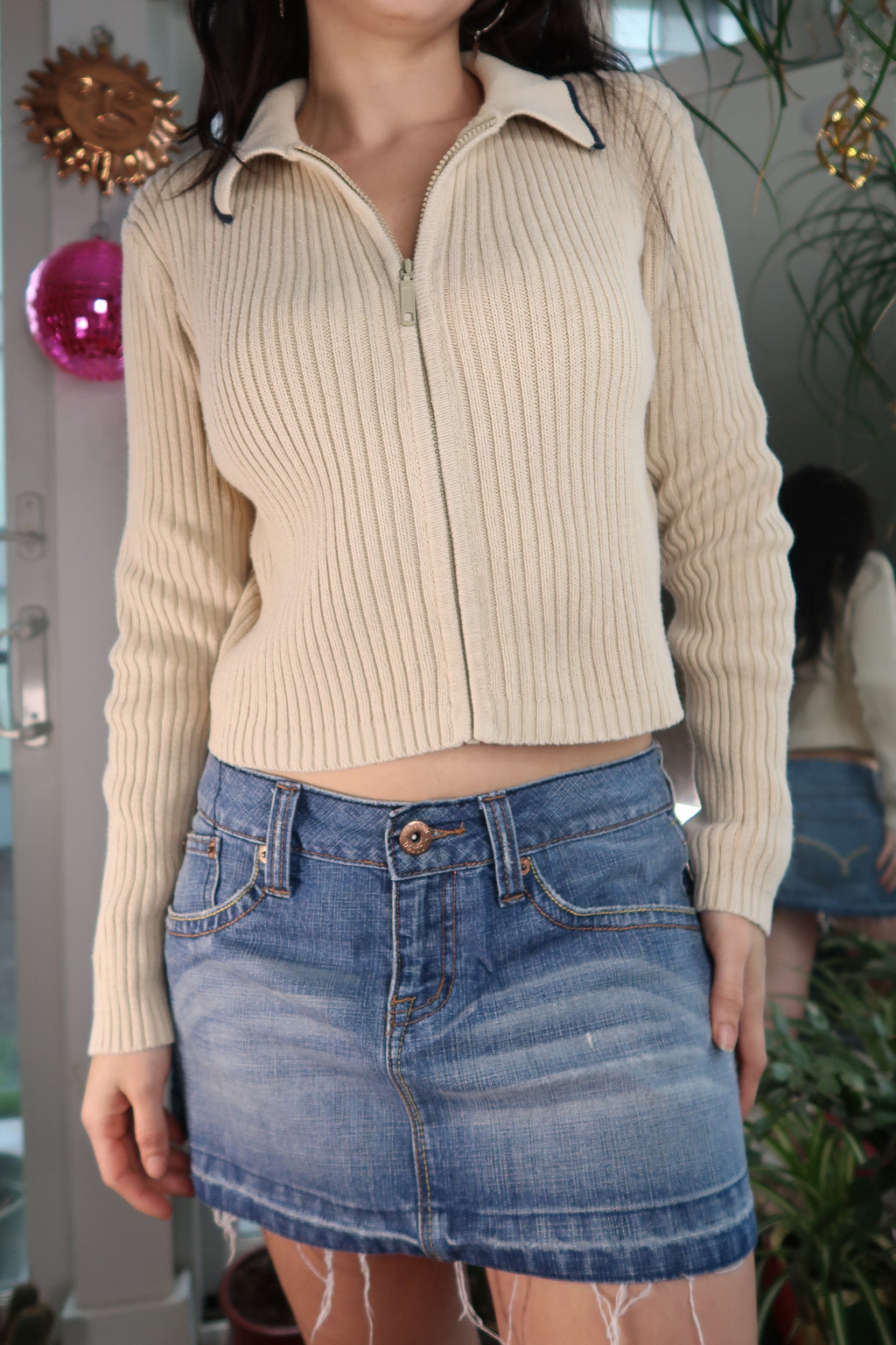 Vintage 2000s Beige Rib Knit Zip Up Sweater