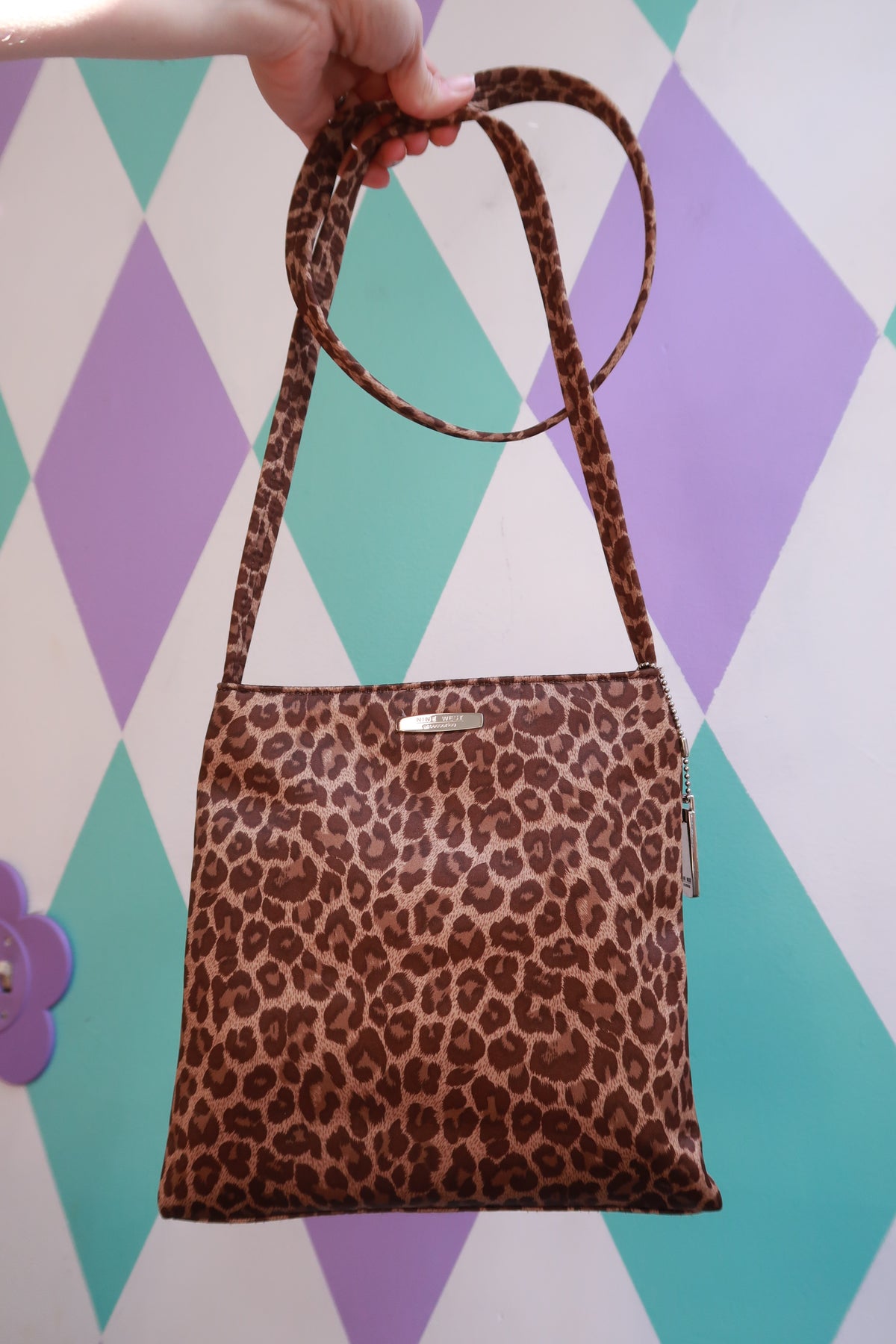 Vintage Nine West leopard print mini crossbody bag by Elektra Vintage, featuring a Y2K-inspired shoulder purse design.