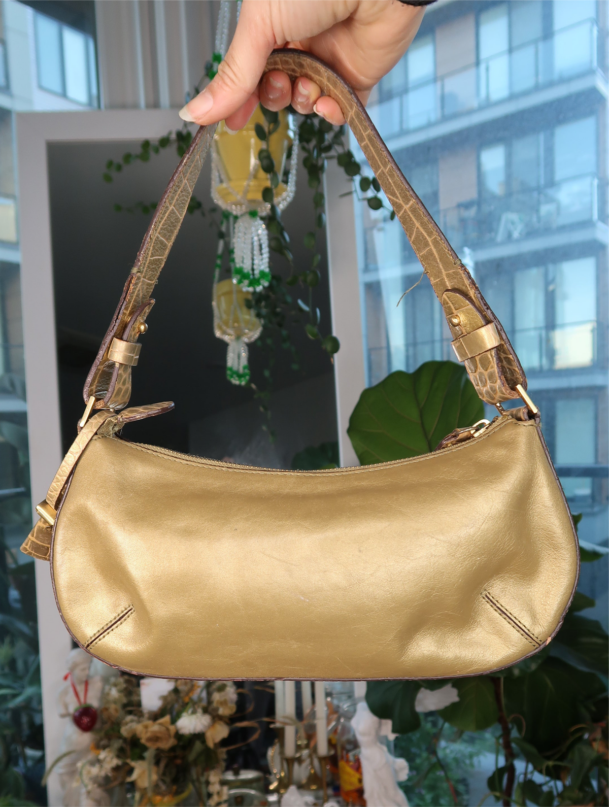 Vintage 2000s Metallic Gold Shoulder Bag with Croc Embossed Strap
