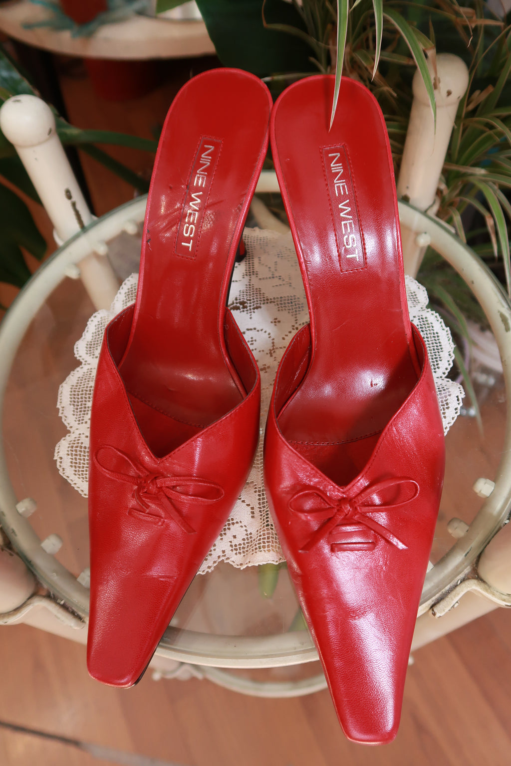 Vintage Nine West Red Leather Pointed Toe Kitten Heels