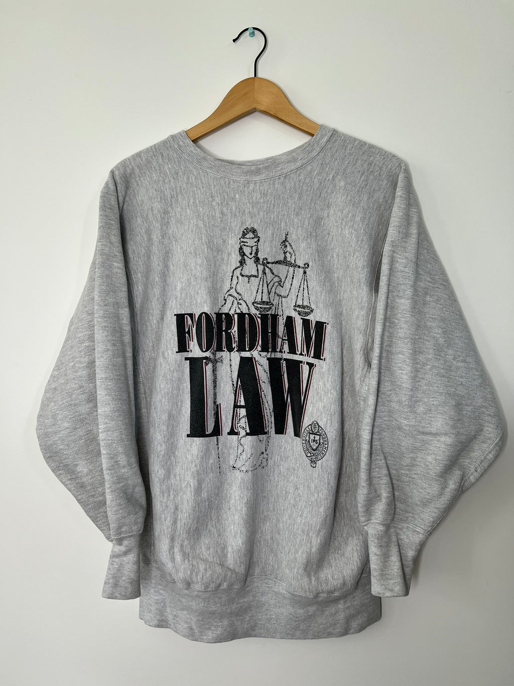Vintage Fordham Law graphic crewneck sweater by Elektra Vintage, featuring a classic law school design on soft knit fabric.