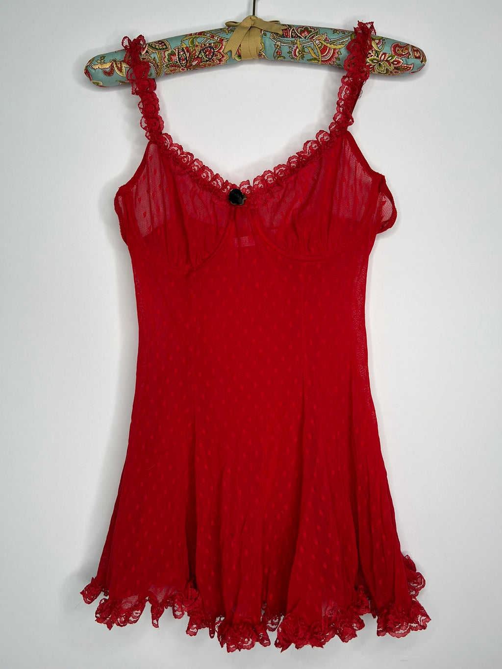 Red lace women's top from the 2000s Victoria's Secret collection, featuring intricate lace details by Elektra Vintage.