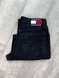 Relaxed fit black wash Tommy Hilfiger men's jeans, Elektra Vintage bottoms, showing front view with classic five-pocket design.