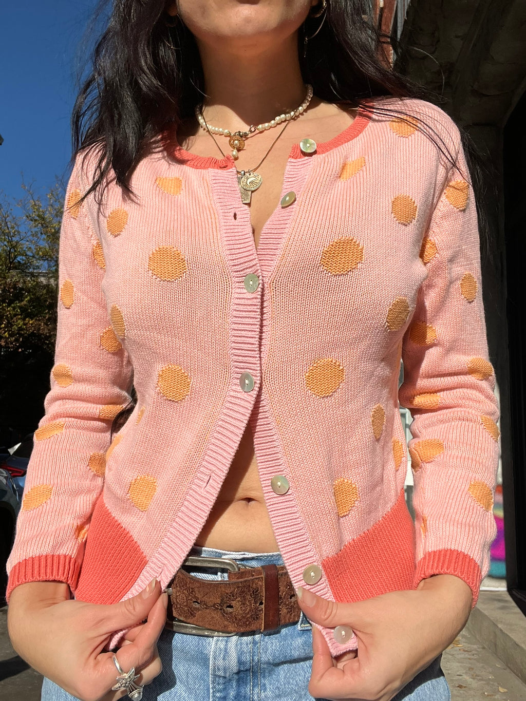 Vintage Talbots polka dot knit cardigan for women, featuring a classic design and button-up front from Elektra Vintage.