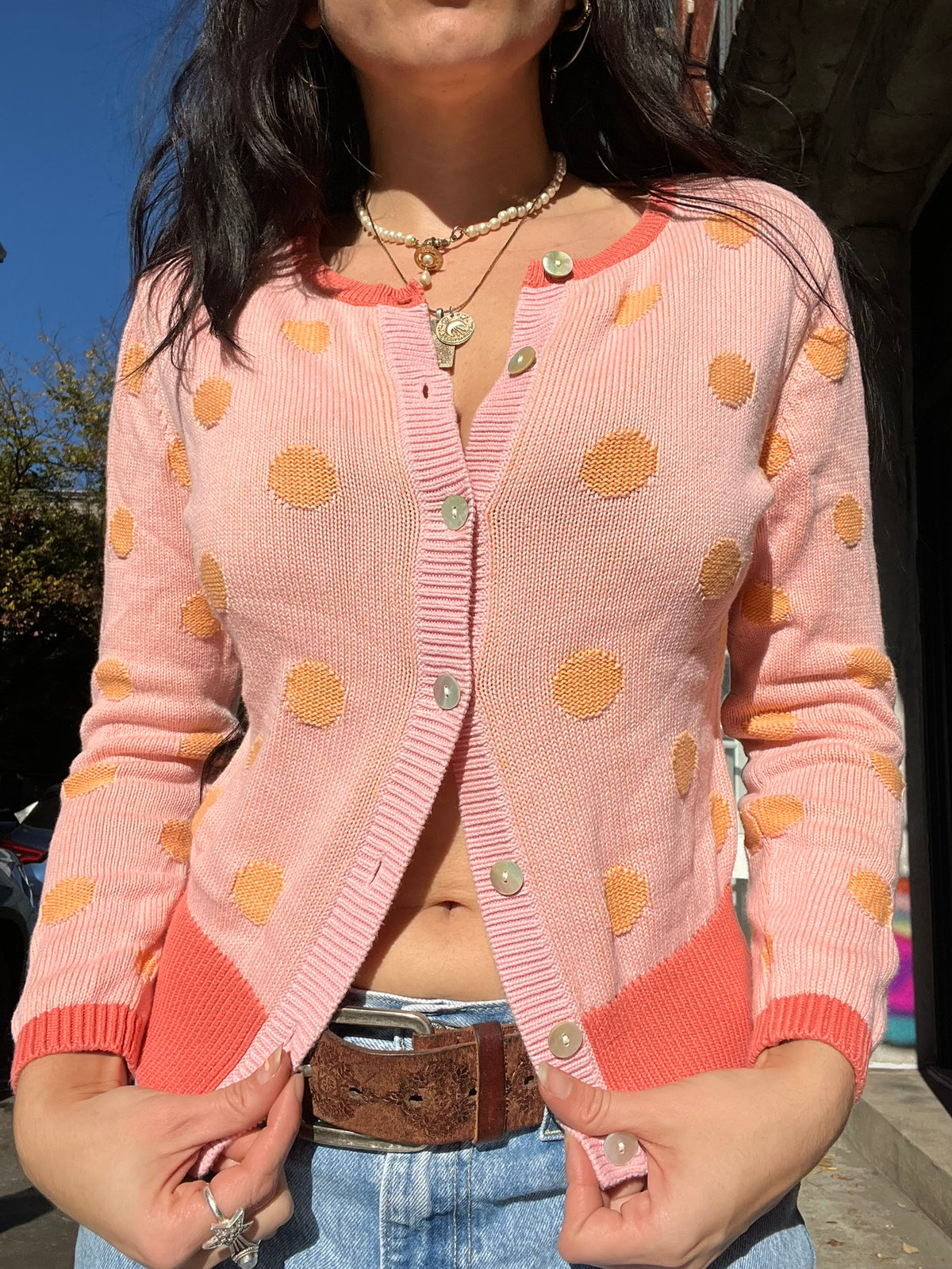 Vintage Talbots polka dot knit cardigan for women, featuring a classic design and button-up front from Elektra Vintage.