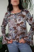 Load image into Gallery viewer, Vintage 2000s Brown Blue Rose Floral Bell Sleeve Top
