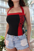 Vintage Y2K Lace-Up Halter Top – Black & Red Contrast Tank - Elektra Vintage