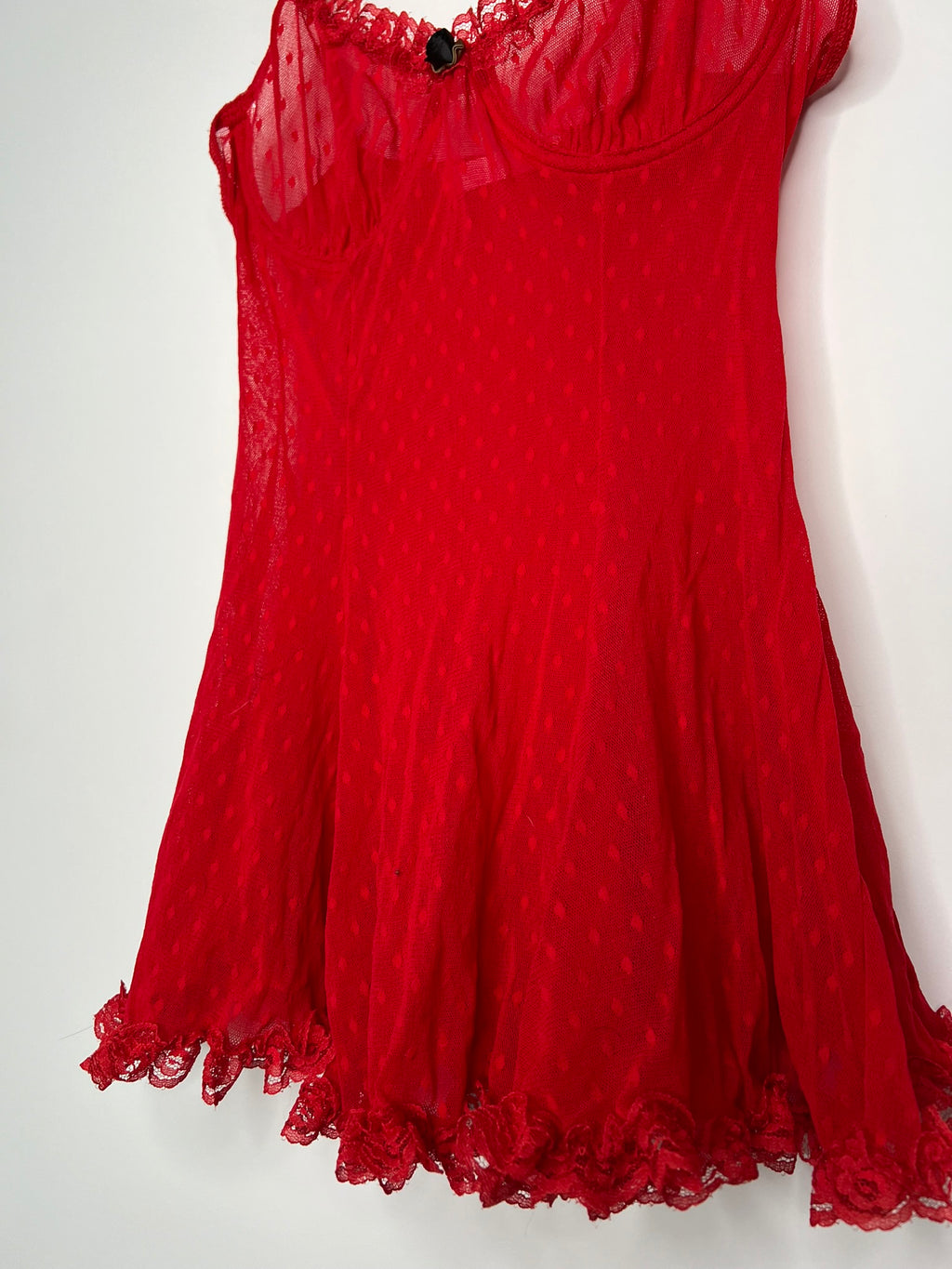 Red lace women's top from the 2000s Victoria's Secret collection, by Elektra Vintage, featuring intricate lace details.