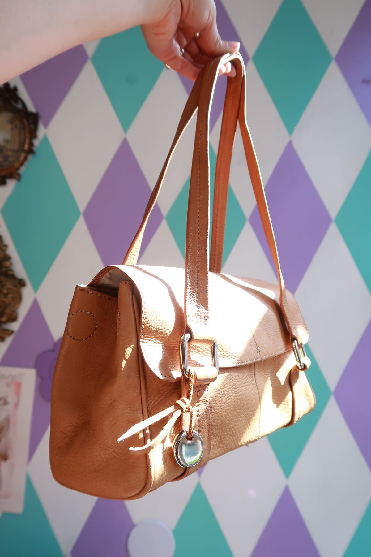 Vintage tan leather shoulder bag by Elektra Vintage, minimalist satchel purse with clean design and sturdy strap.