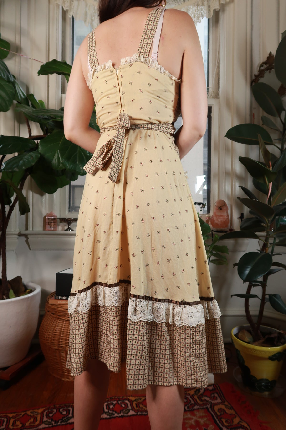 Vintage 1970s floral prairie lace trim midi dress by Elektra Vintage, featuring a flowy silhouette and delicate lace details.