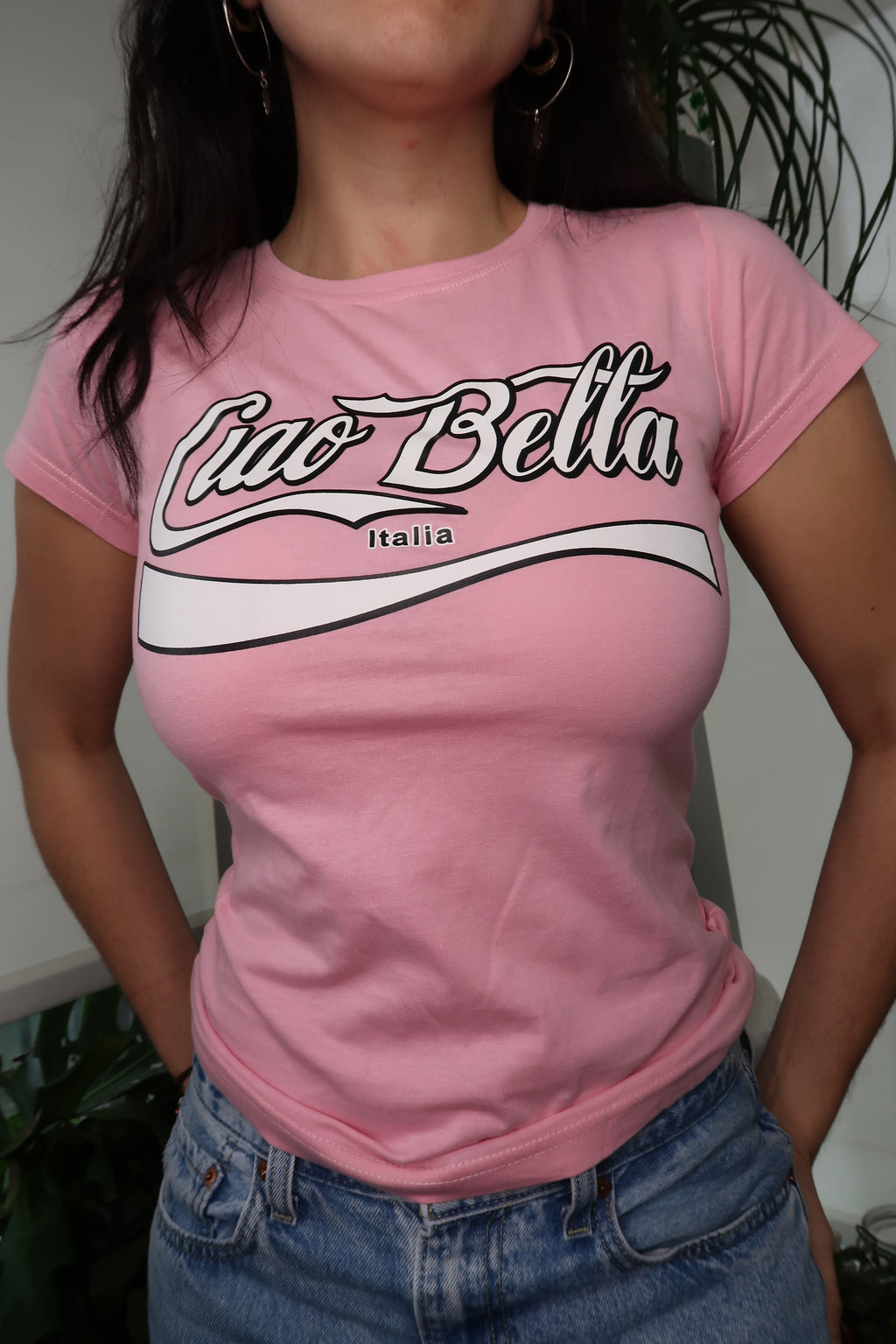 Pink Deadstock Ciao Bella baby doll tee for women by Elektra Vintage, casual top with a relaxed fit and vintage style.