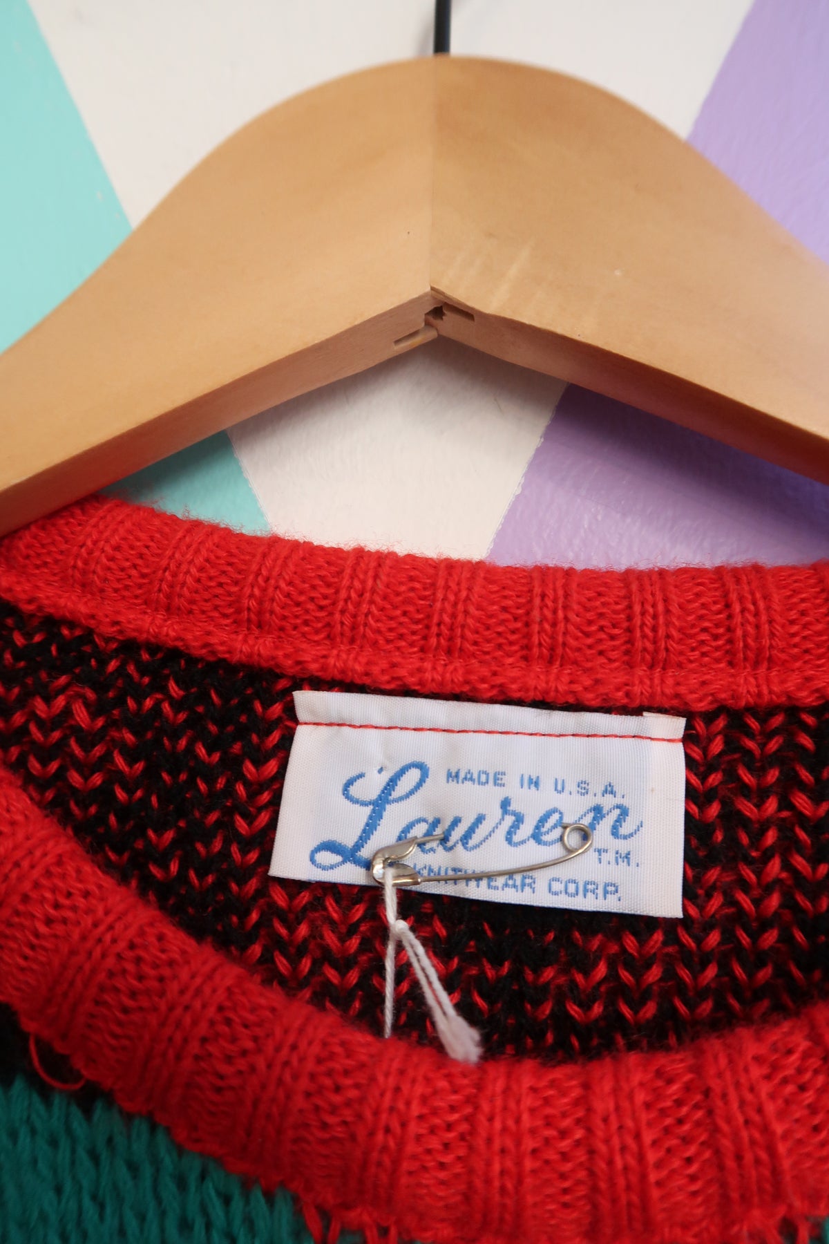 Vintage 80s Geometric Knit Sweater – Bright Red, Teal & Blue Pattern - Elektra Vintage