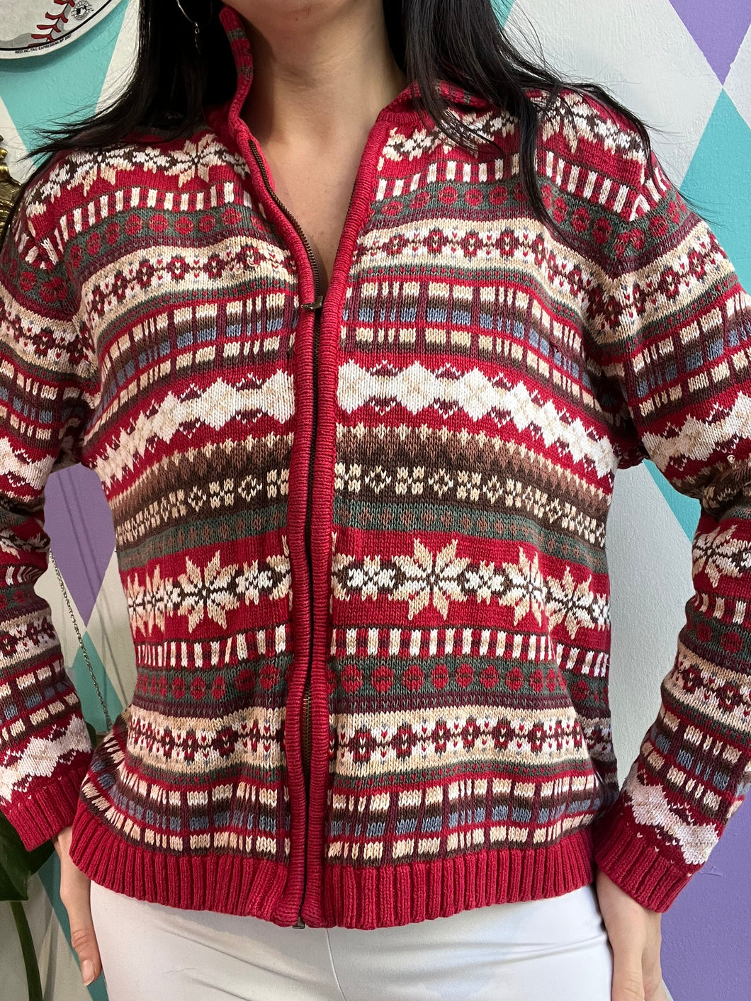 Vintage Fair Isle Knit Zip Up Sweater