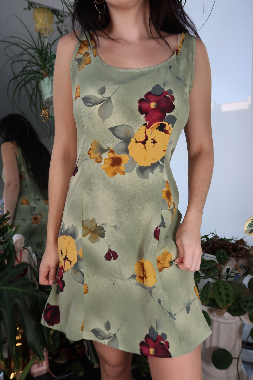 Vintage 90s Olive Floral Mini Dress