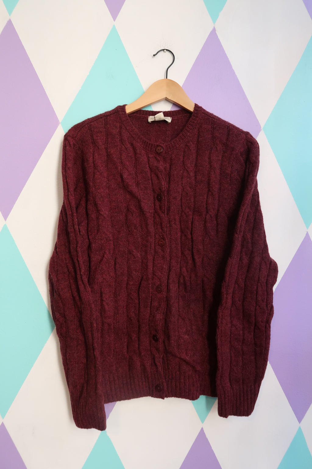 Vintage 100% Wool Cable Knit Cardigan – Deep Cranberry Red - Elektra Vintage