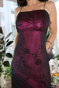 Vintage 90s Whimsy Goth Beaded Maxi Gown – Black Mesh With Magenta Satin Underlay