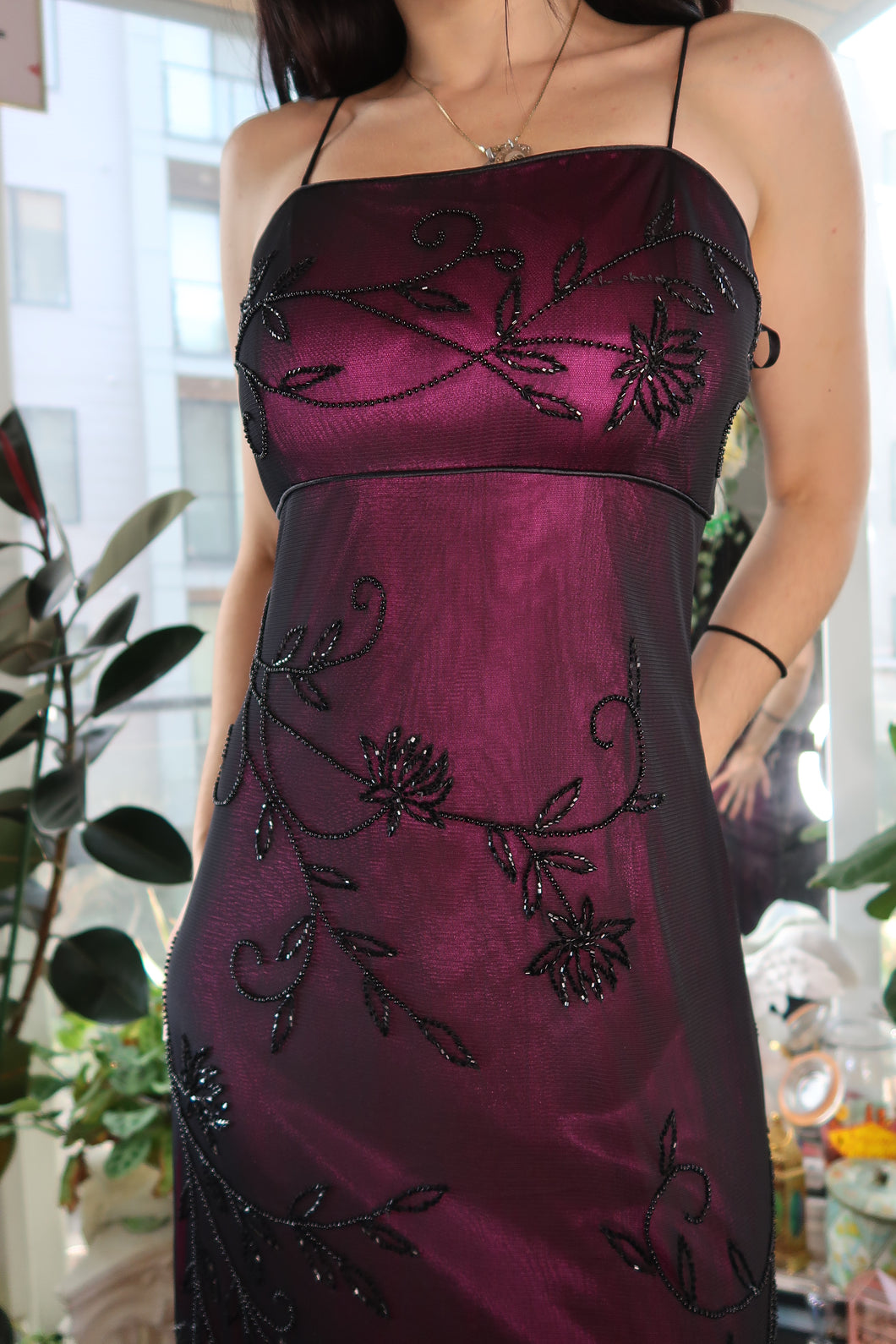 Vintage 90s Whimsy Goth Beaded Maxi Gown – Black Mesh With Magenta Satin Underlay