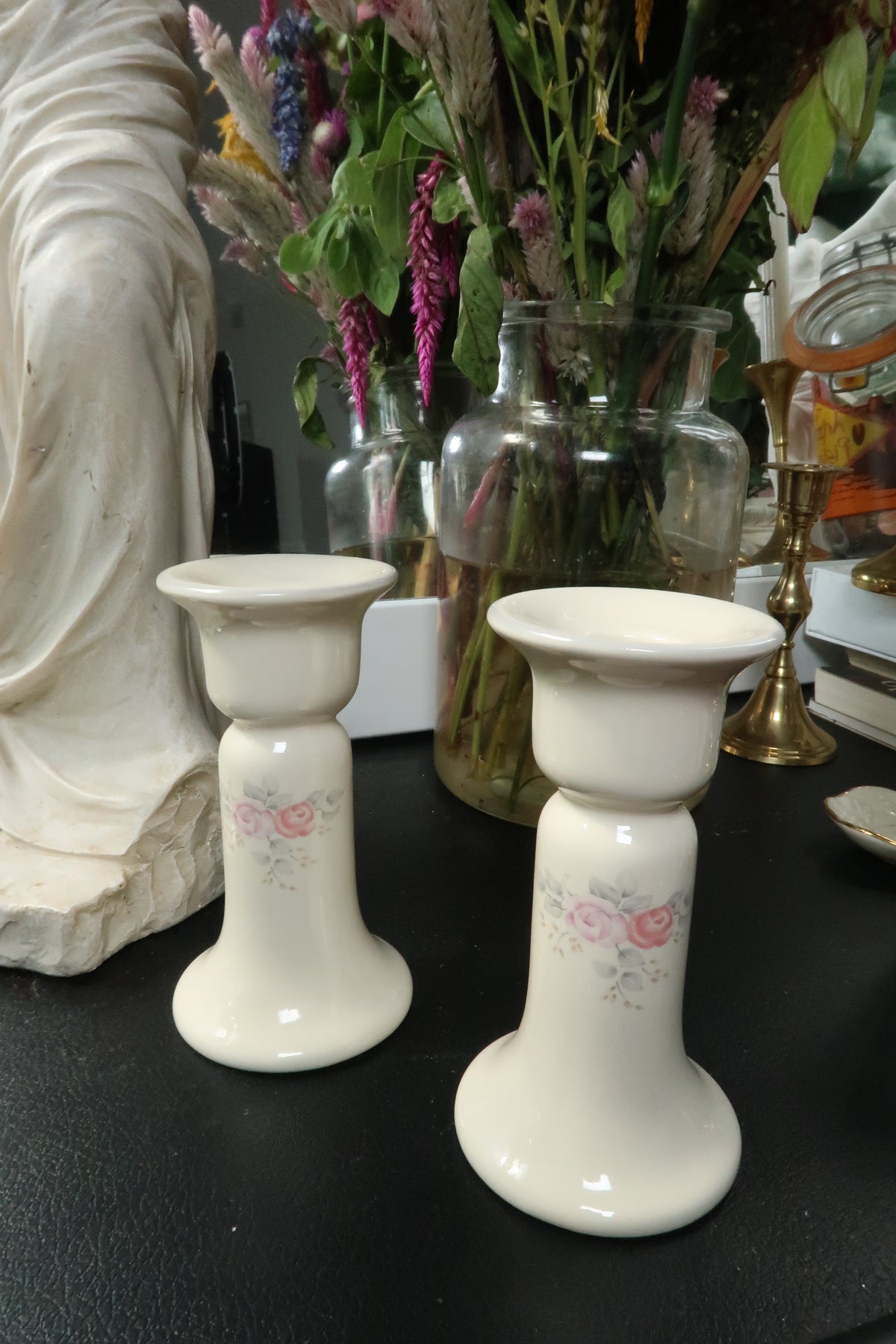 Vintage Pfaltzgraff Ceramic Candleholders – Rose Floral Taper Holders - Elektra Vintage