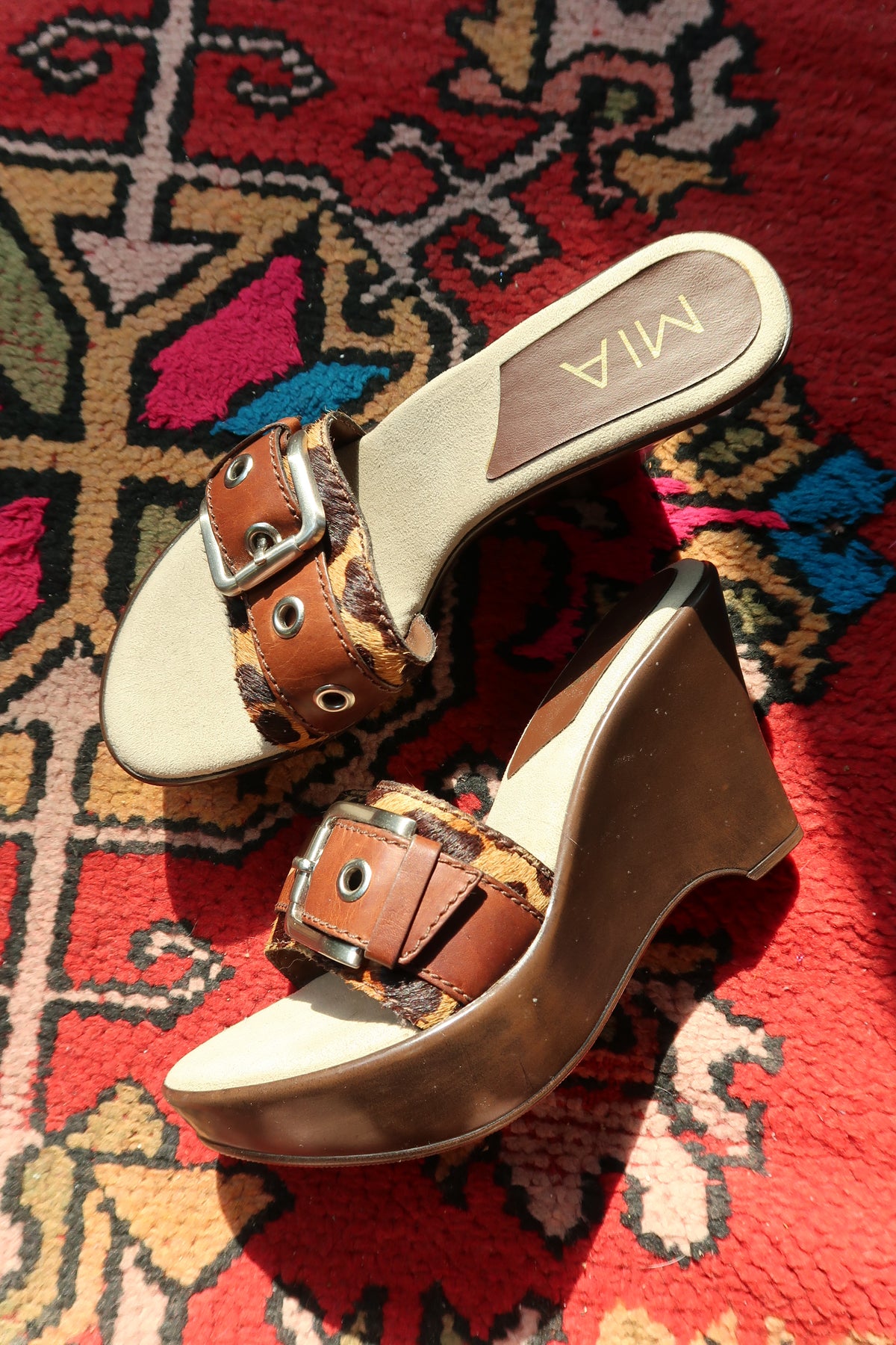 Y2K MIA Leopard Pony Hair Wedge Sandals – Brown Platform Buckle Slides