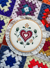 Load image into Gallery viewer, Floral Heart Embroidery Hoop | Wall Decor | Hand-Stitched Art | Valentine&#39;s Day Gift Decor
