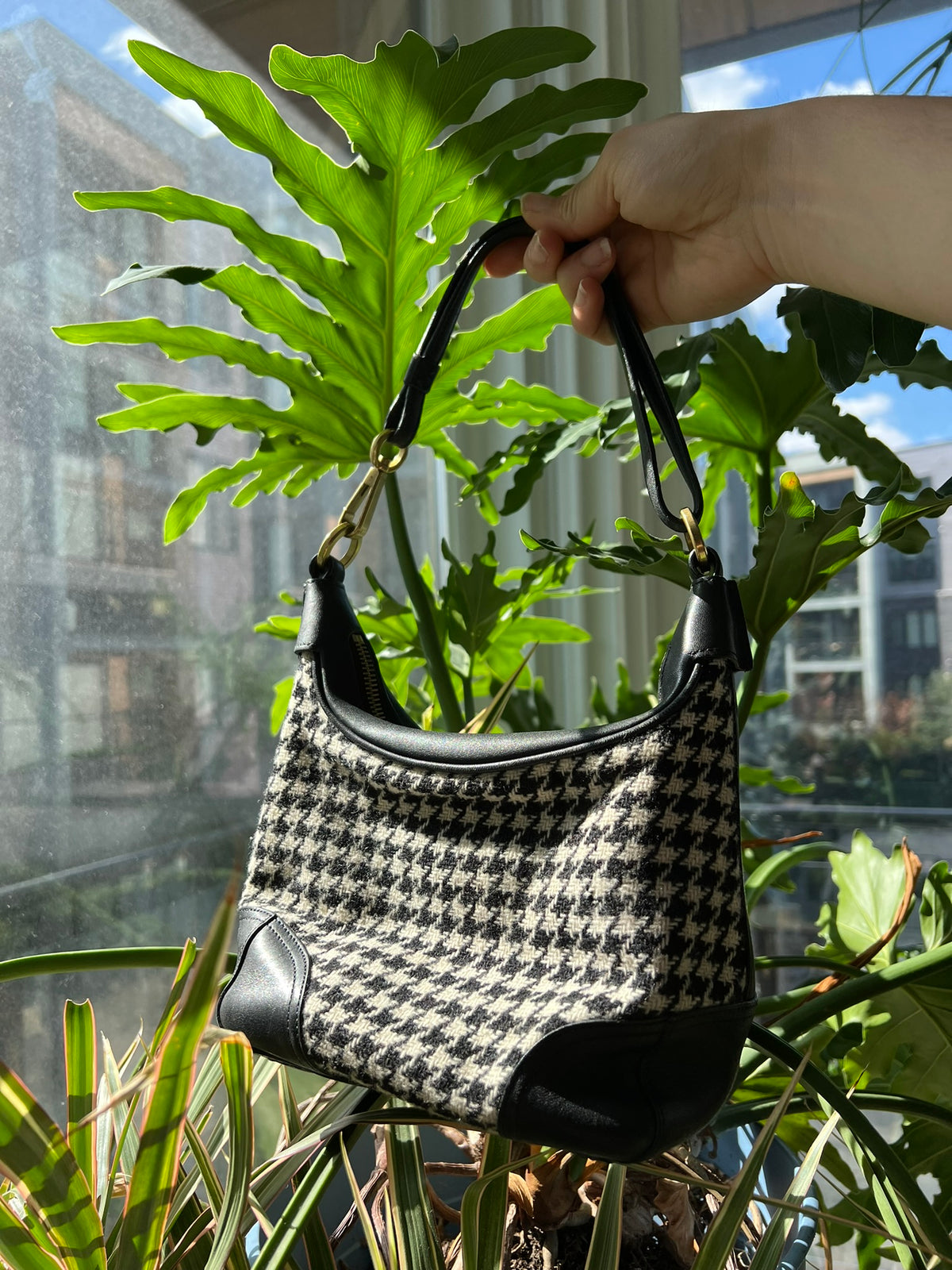 2000s Vintage Coach Hamilton Small Wool Houndstooth & Black Leather Shoulder Bag