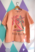 Vintage heavy cotton coral Palm Beach graphic tee by Elektra Vintage featuring a vibrant tropical palm design.