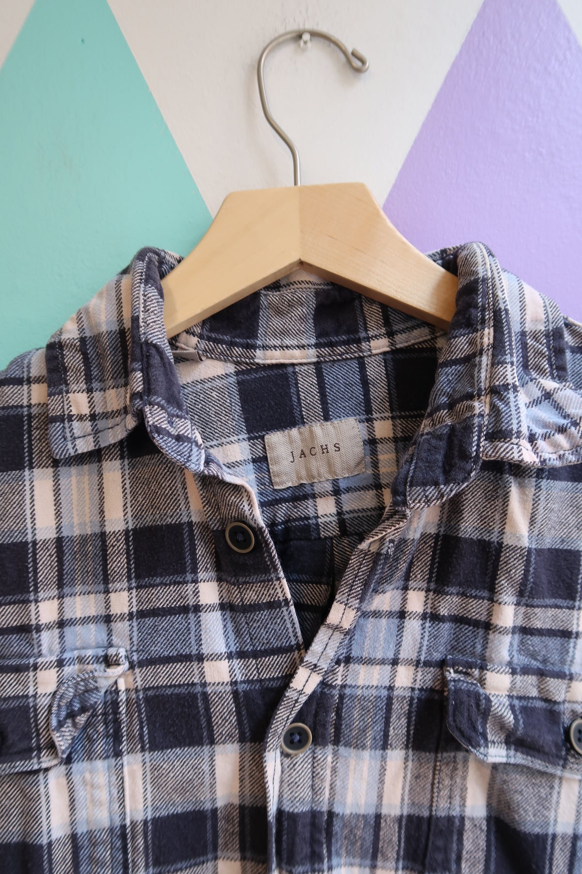 Jachs Flannel Button-Up Shirt – Navy & Grey Plaid Long Sleeve