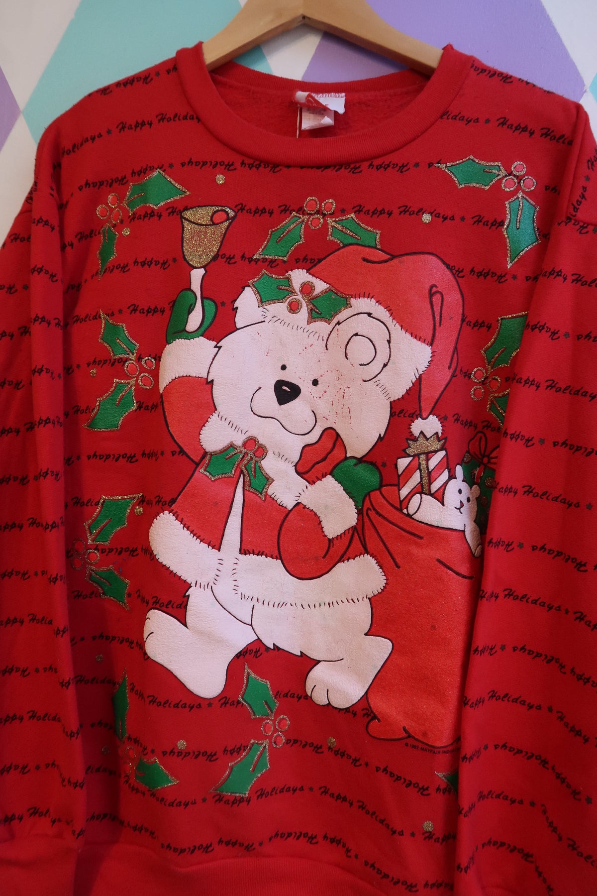 Vintage 80s “Happy Holidays” Bear Christmas Sweatshirt – Glitter Accents