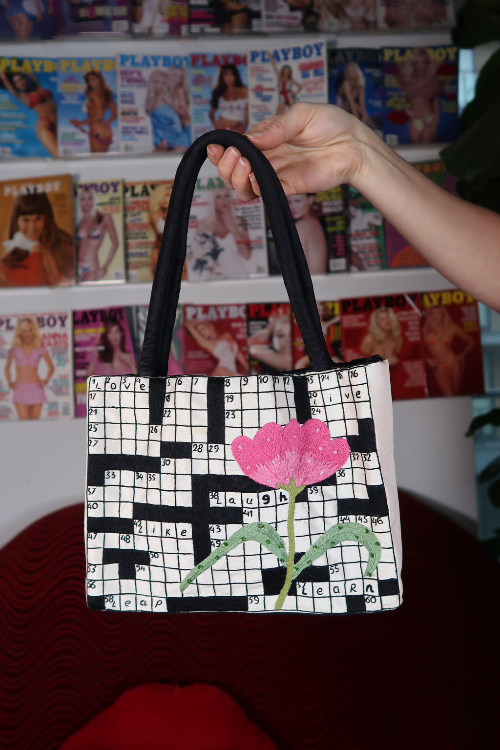 Vintage Embroidered Crossword Bag with Beaded Flower