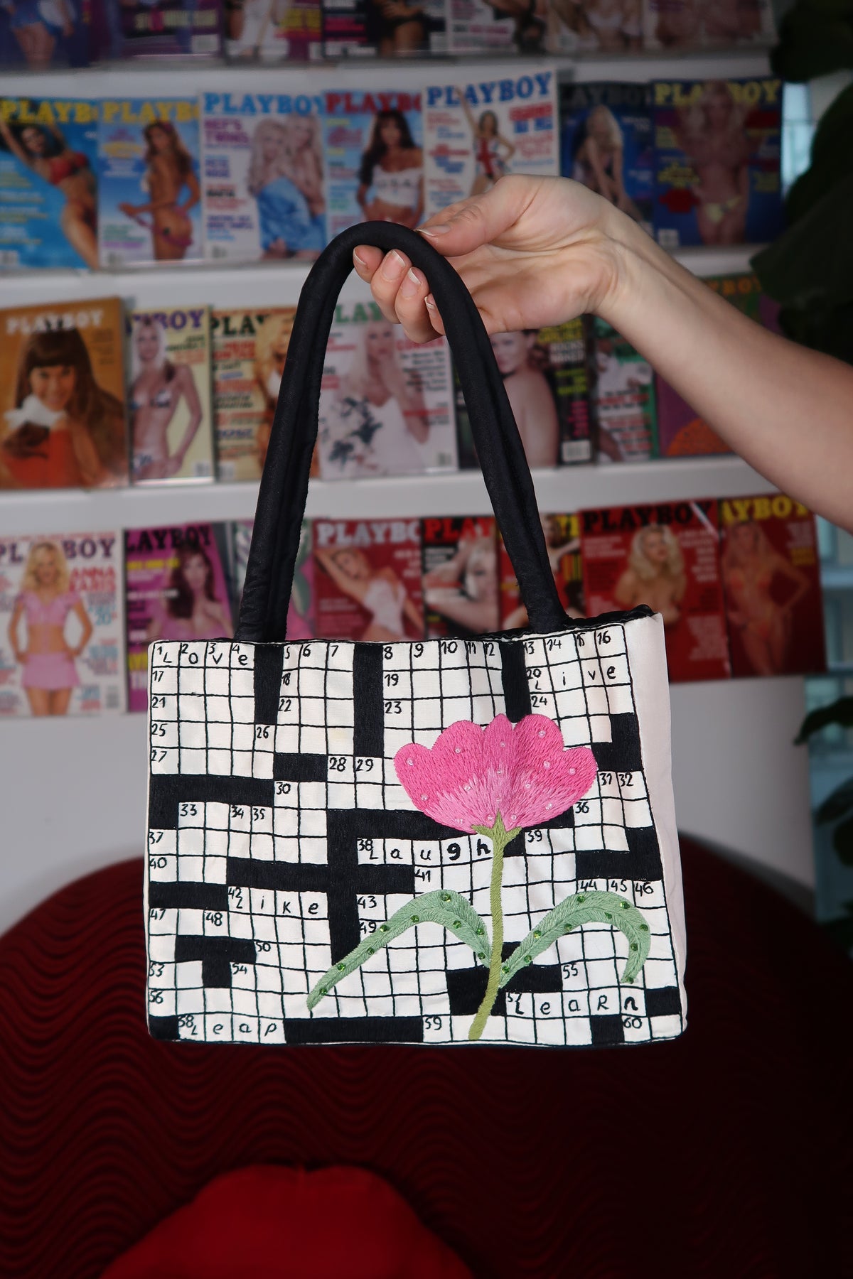 Vintage Embroidered Crossword Bag with Beaded Flower