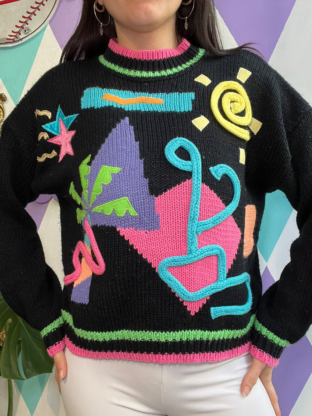 Vintage 80s Vapor Wave knit sweater by Elektra Vintage featuring colorful retro geometric patterns and a cozy fit.