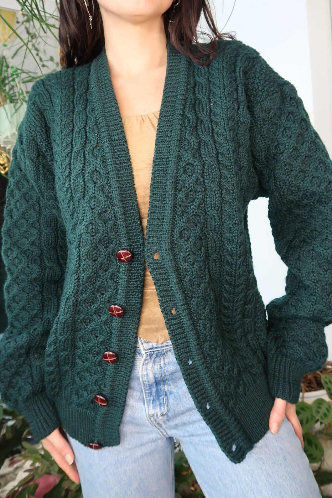 Vintage LL Bean Green Wool Fisherman Cardigan Sweater