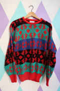 Vintage 80s Geometric Knit Sweater – Bright Red, Teal & Blue Pattern - Elektra Vintage