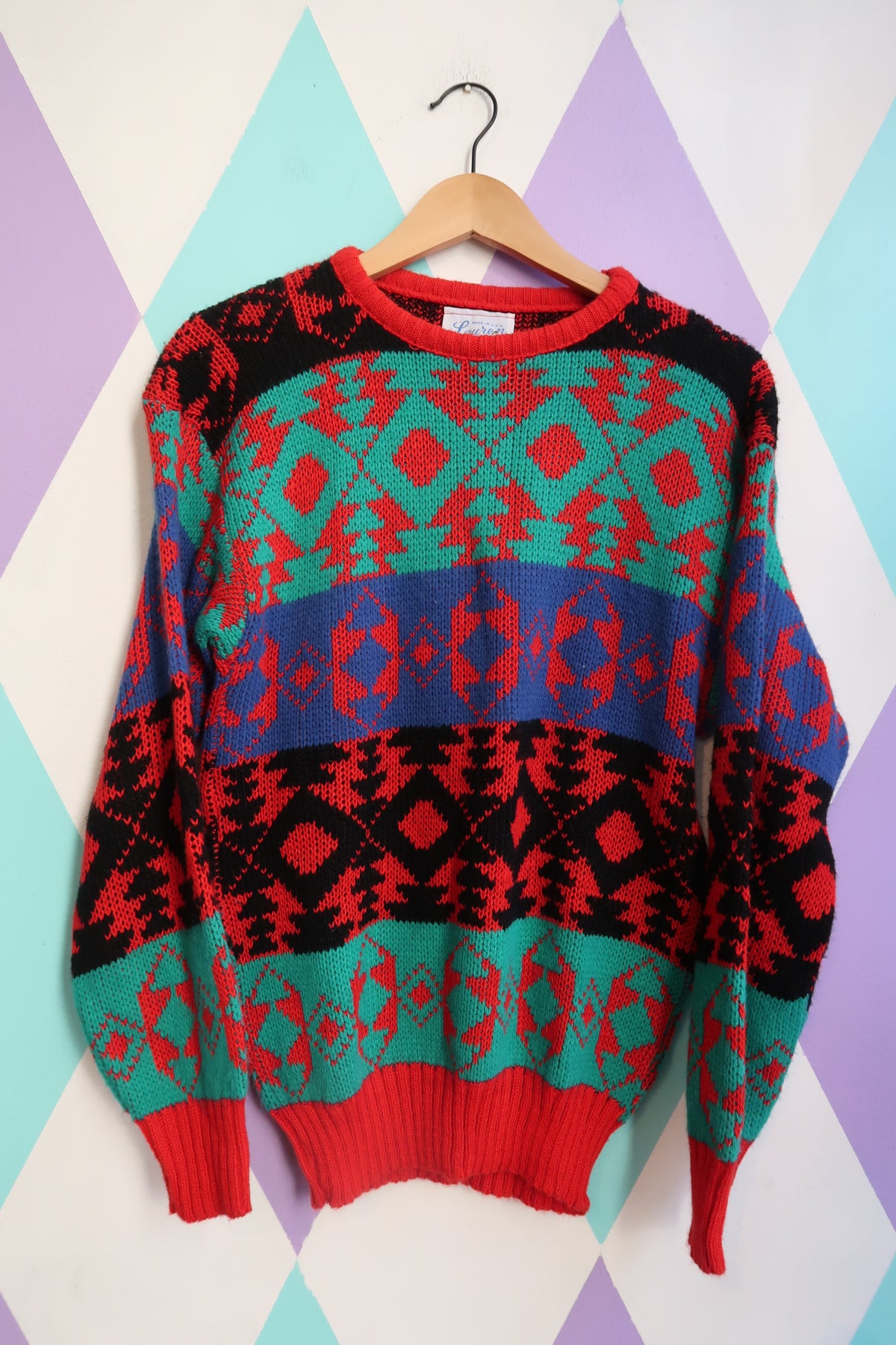Vintage 80s Geometric Knit Sweater – Bright Red, Teal & Blue Pattern - Elektra Vintage