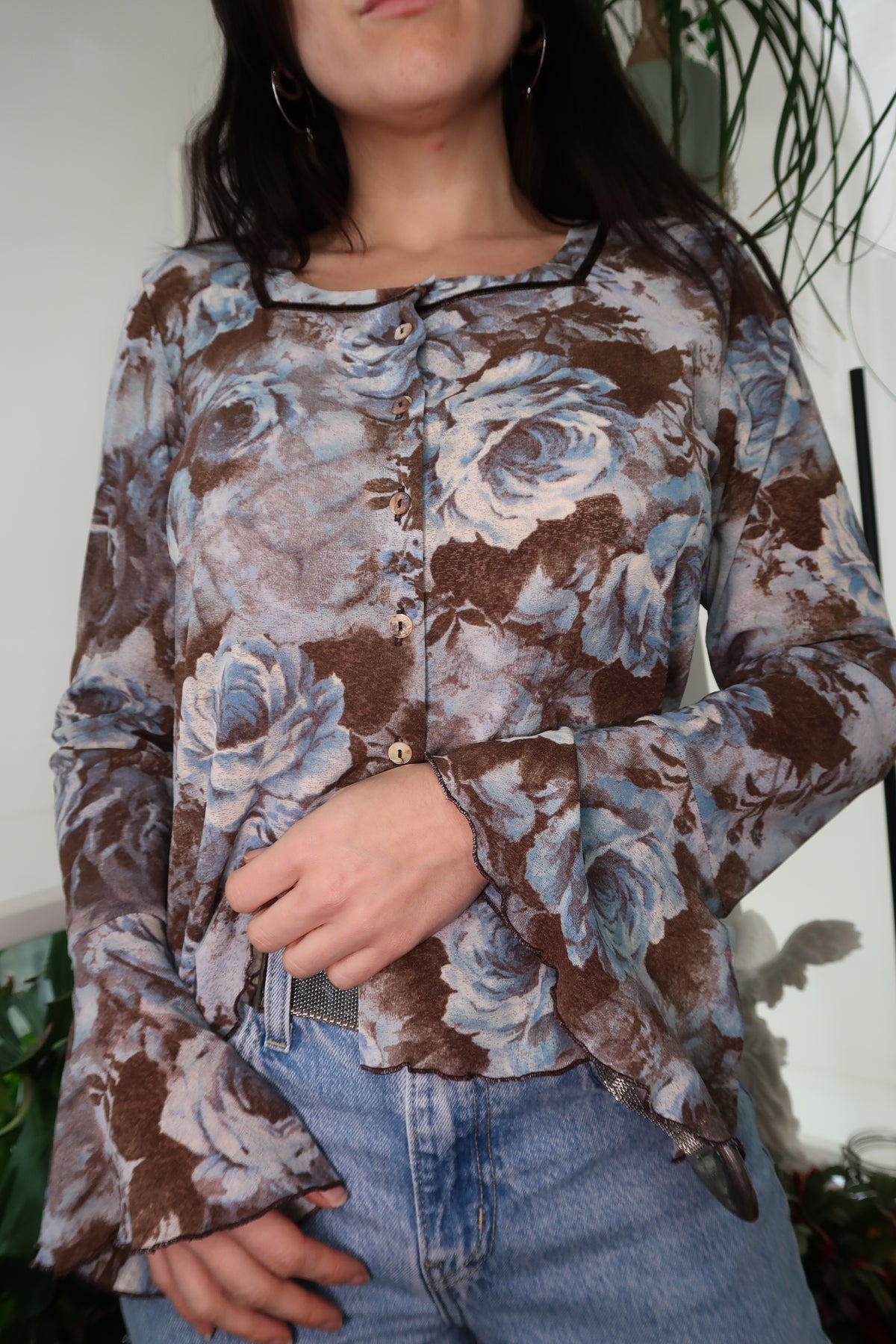 Vintage 2000s Brown Blue Rose Floral Bell Sleeve Top